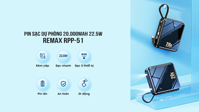 Pin sạc dự phòng 20000mAh 22.5W Remax RPP-51
